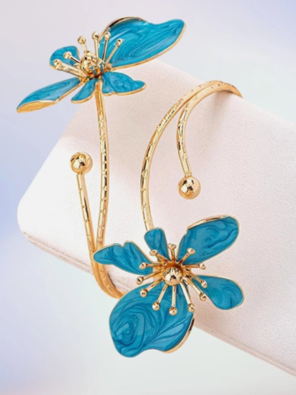 Adjustable Blue Flower Arm Cuff Bracelet Open Cuff Statement Jewelry